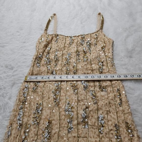 MAC DUGGAL Square Neck Golden Striped Sequin Sleeveless Midi Dress 8 - Picture 8 of 12